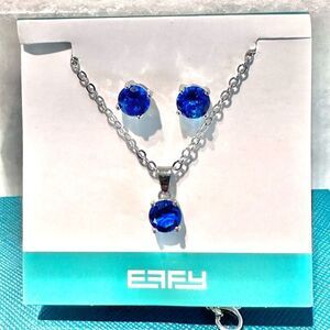 NWT EFFY Deep Blue Crystal Stone Pendant Chain Necklace & Stud Earring Set Silve